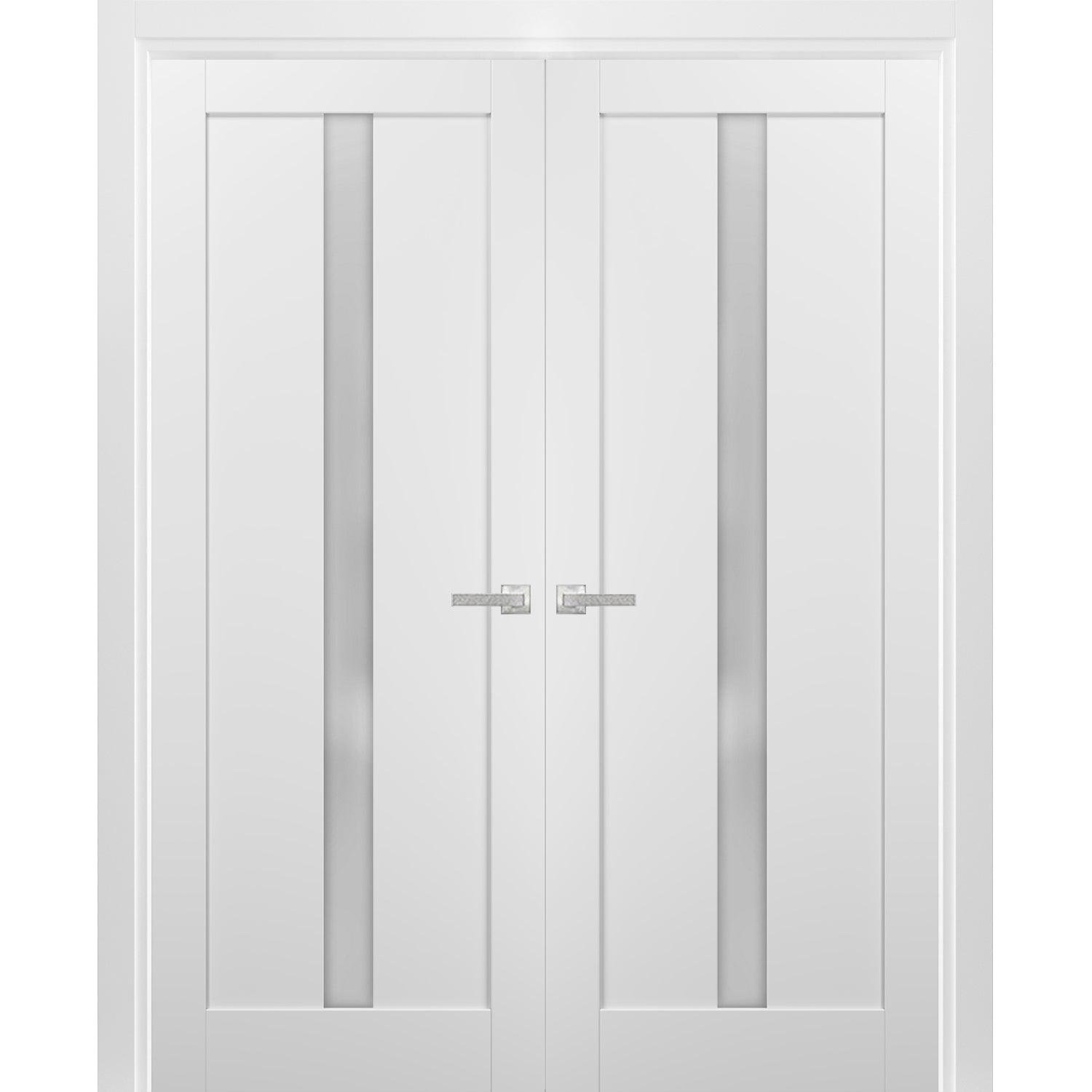 White MDF Double Panel French Doors with Frosted Glass