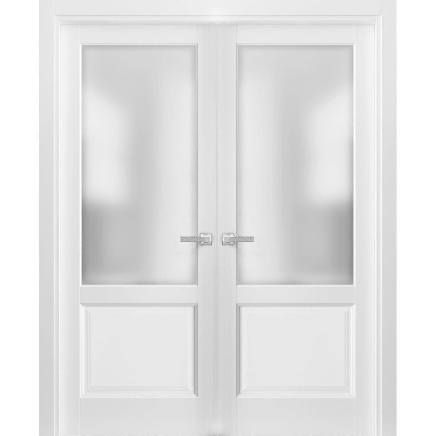 French Double Panel Lite Doors with Hardware | Lucia 22 White Silk with Frosted Opaque Glass | Panel Frame Trims | Bathroom Bedroom Interior Sturdy Door-36" x 84" (2* 18x84)