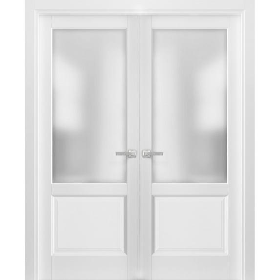 French Double Panel Lite Doors with Hardware | Lucia 22 White Silk with Frosted Opaque Glass | Panel Frame Trims | Bathroom Bedroom Interior Sturdy Door-36" x 84" (2* 18x84)