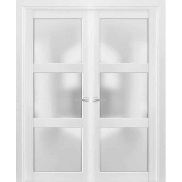 French Double Panel Lite Doors with Hardware | Lucia 2552 White Silk with Opaque Glass | Panel Frame Trims | Bathroom Bedroom Interior Sturdy Door