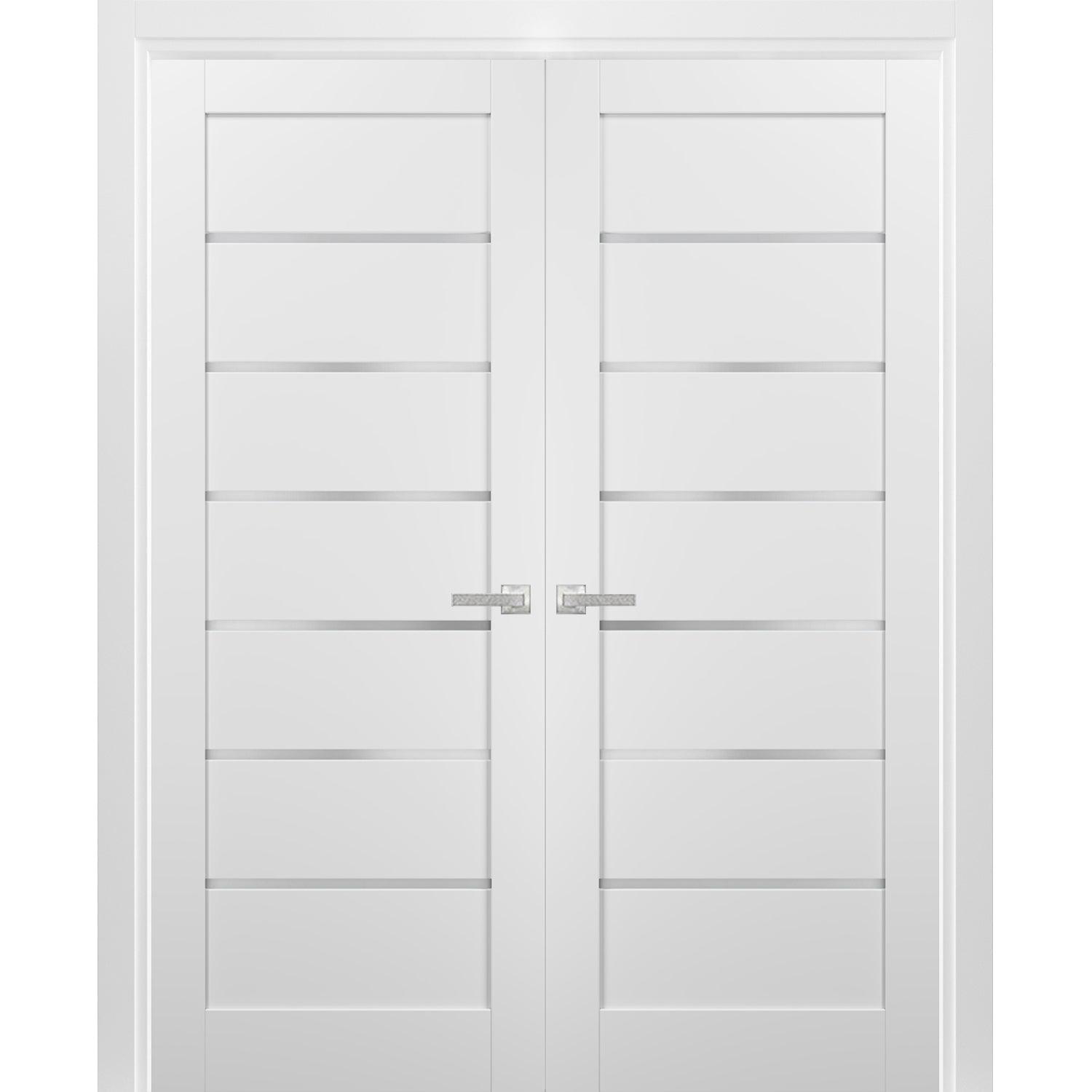 French Double Panel Lite Doors with Hardware | Quadro 4117 White Silk with Frosted Opaque Glass | Sample of Color