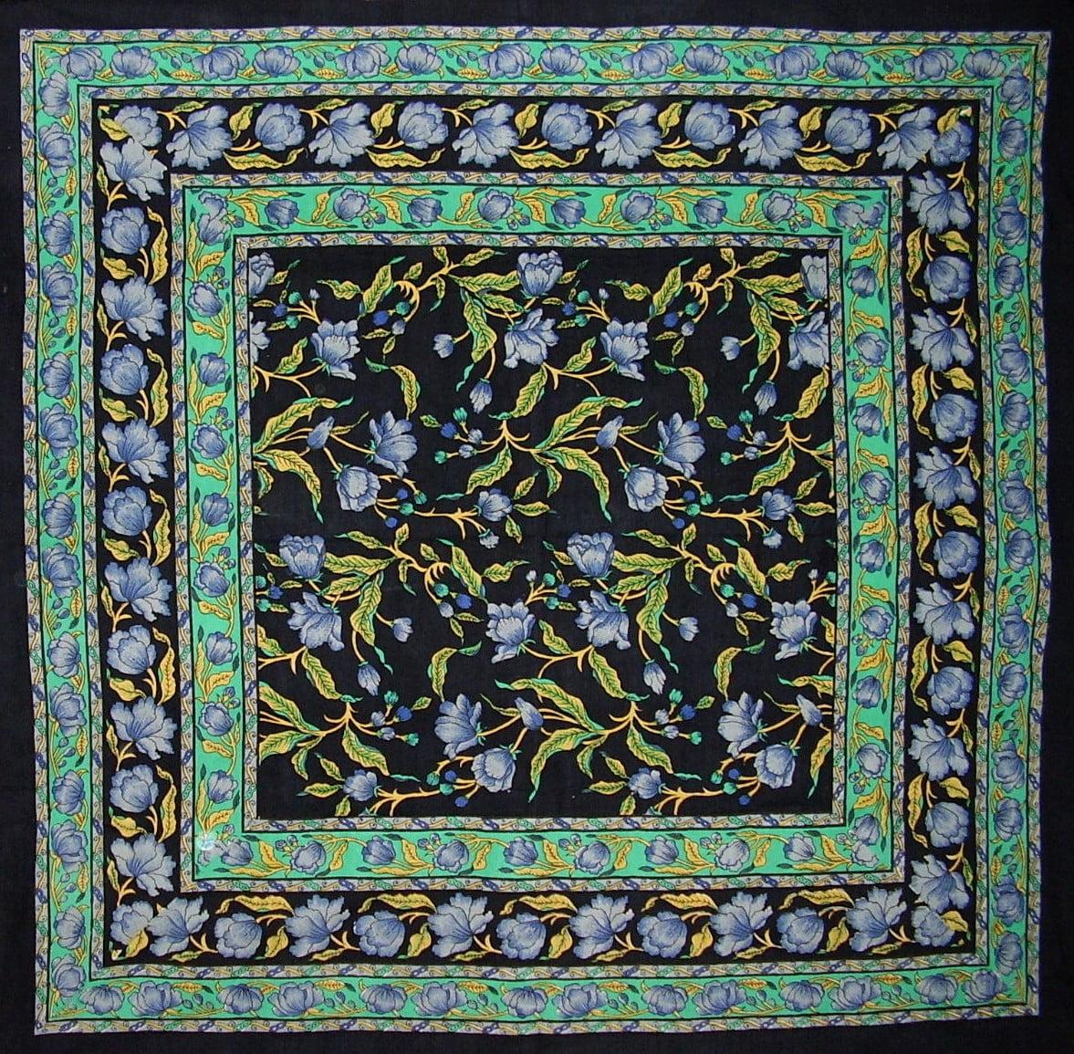 French Floral Square Cotton Tablecloth 60" x 60" Blue and Black