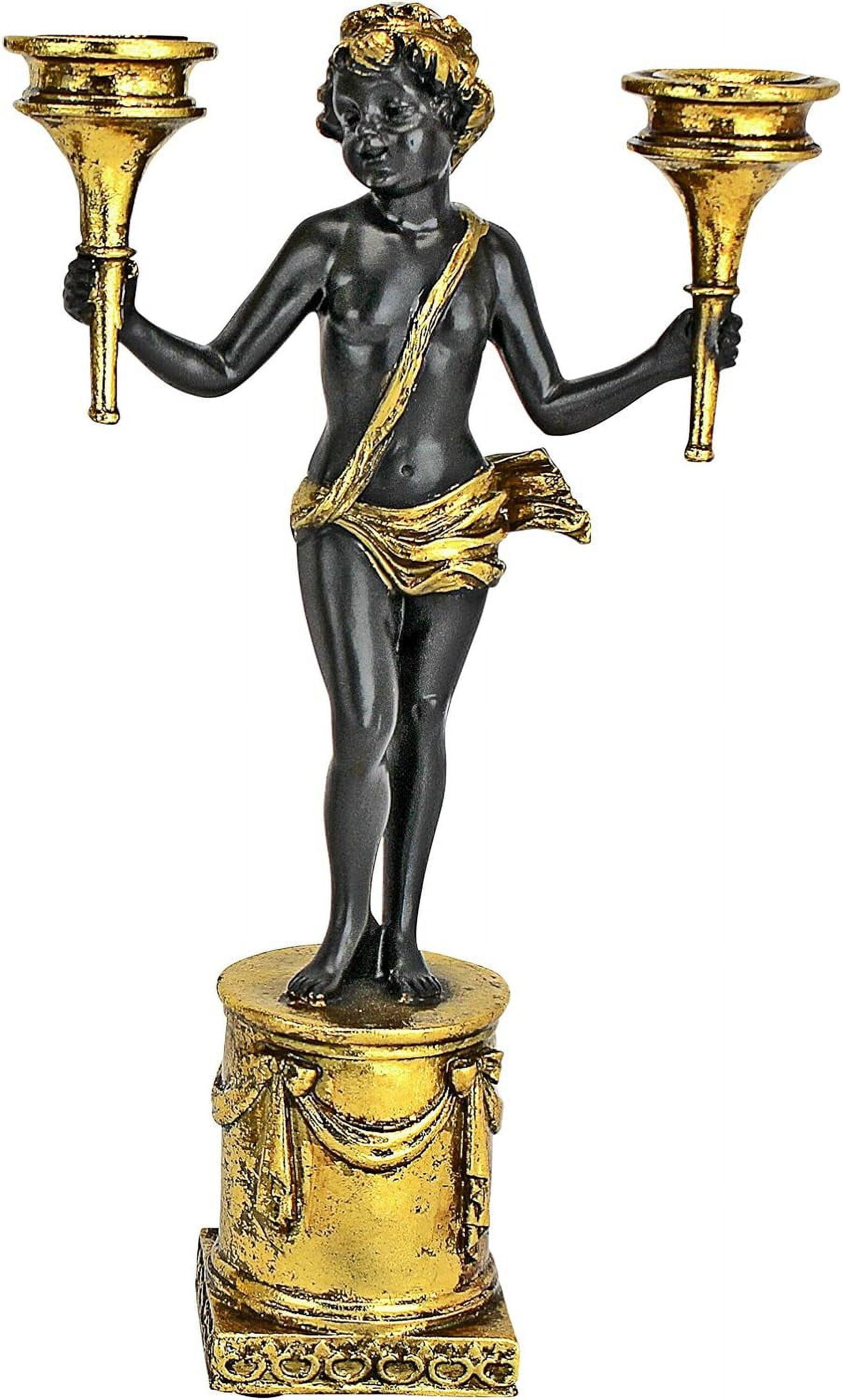 French Neoclassical 15'' Gold Gilt Ceramic Cherub Candlesticks