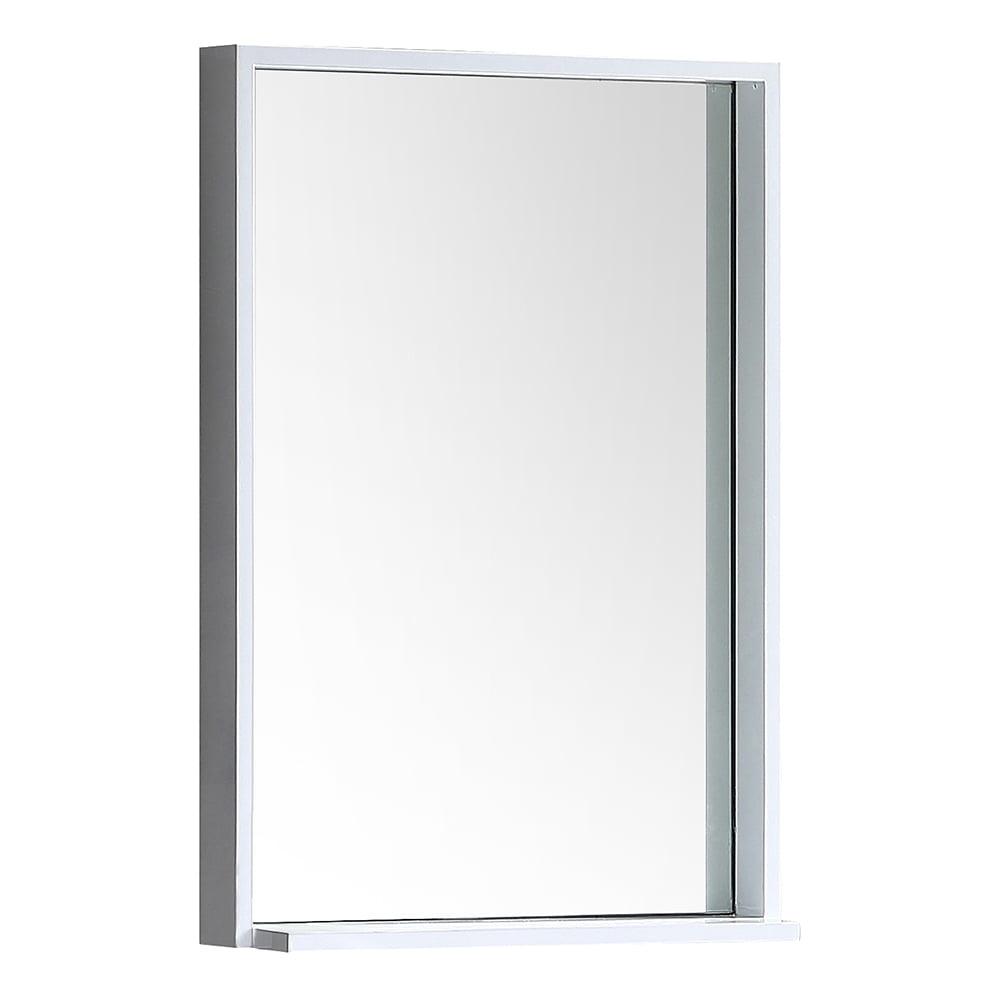 Modern Rectangular Frameless White Wood Vanity Mirror with Shelf