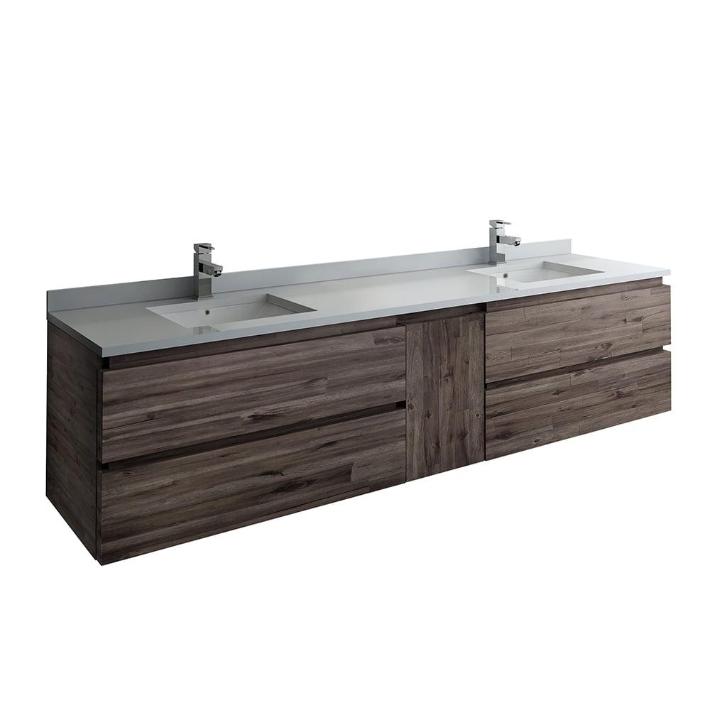 Formosa 84" Acacia Wood Wall-Mounted Double Sink Vanity with Quartz Top