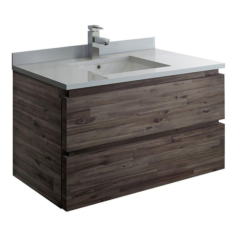 Formosa 36" Transitional Wall-Mounted Vanity in Brown with Quartz Top