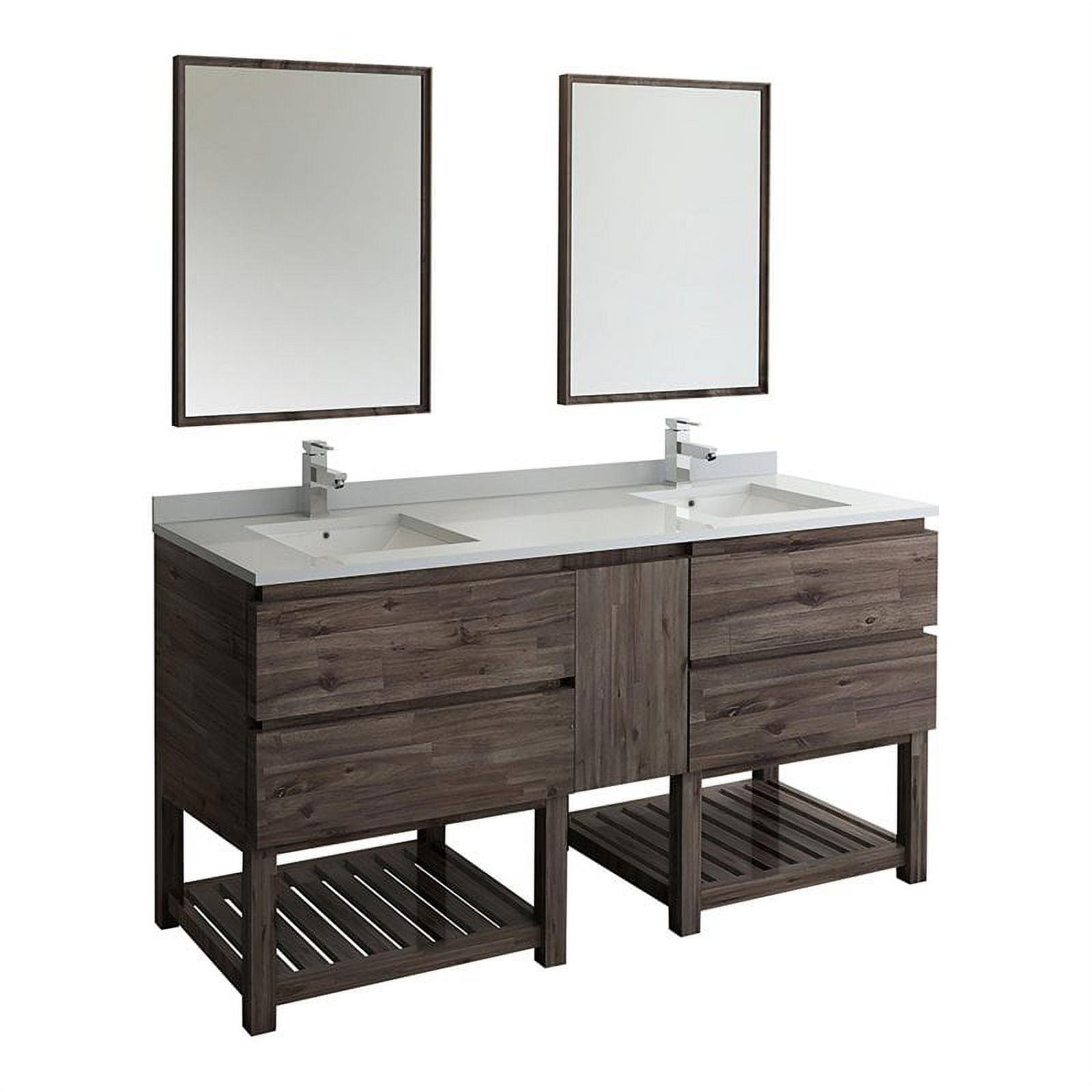 72" Brown Quartz Double Sink Vanity Set with Mirrors