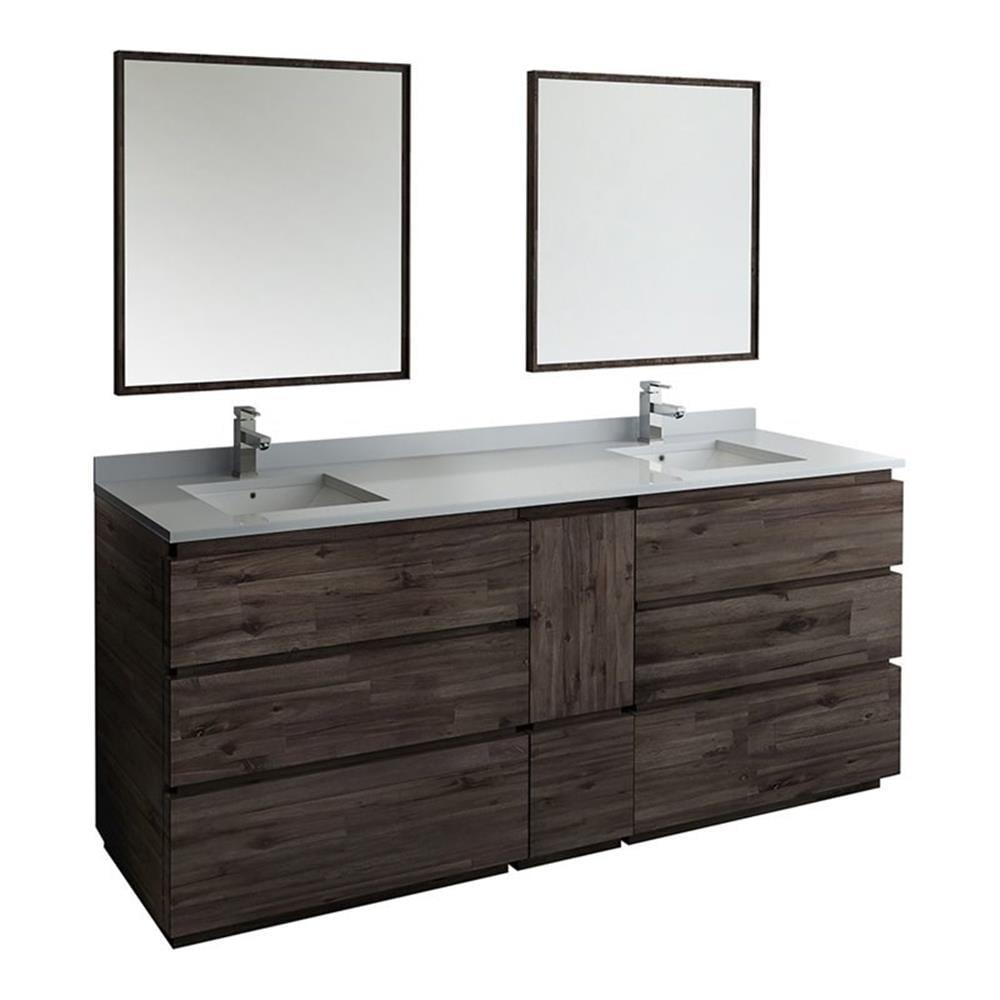 84" Brown Quartz Stone Double Sink Vanity Set with Mirrors