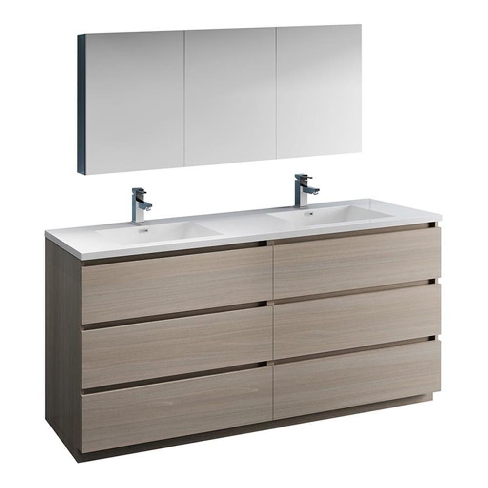 Contemporary 71" Gray Wood Double Sink Vanity Set with Acrylic Top