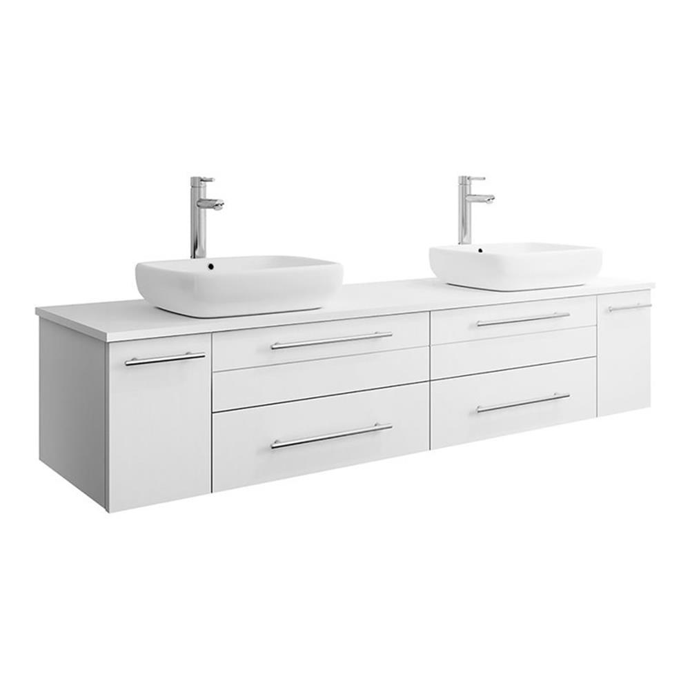 Elegant 72" White Quartz Top Double Vessel Sink Wall-Mount Vanity