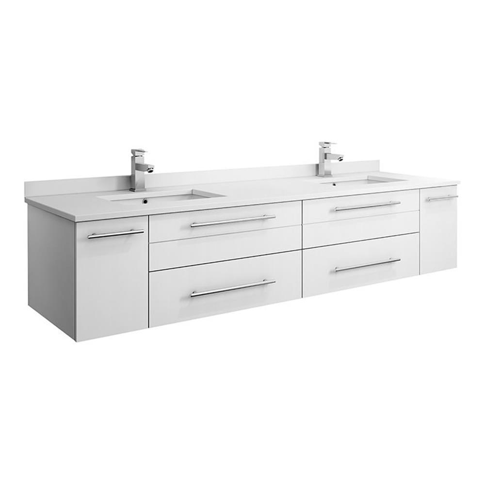 72" White Modern Wall-Mount Double Vanity with Quartz Top