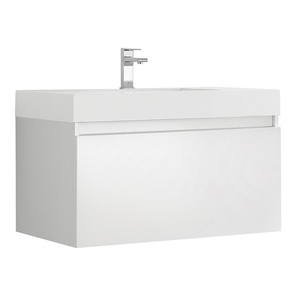 Glossy White 36" Wall-Mounted Single Sink Vanity with Acrylic Top