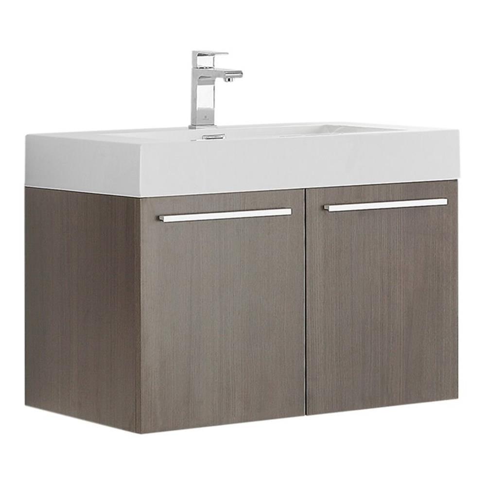 Gray Oak Wall-Mount Vanity with White Acrylic Sink