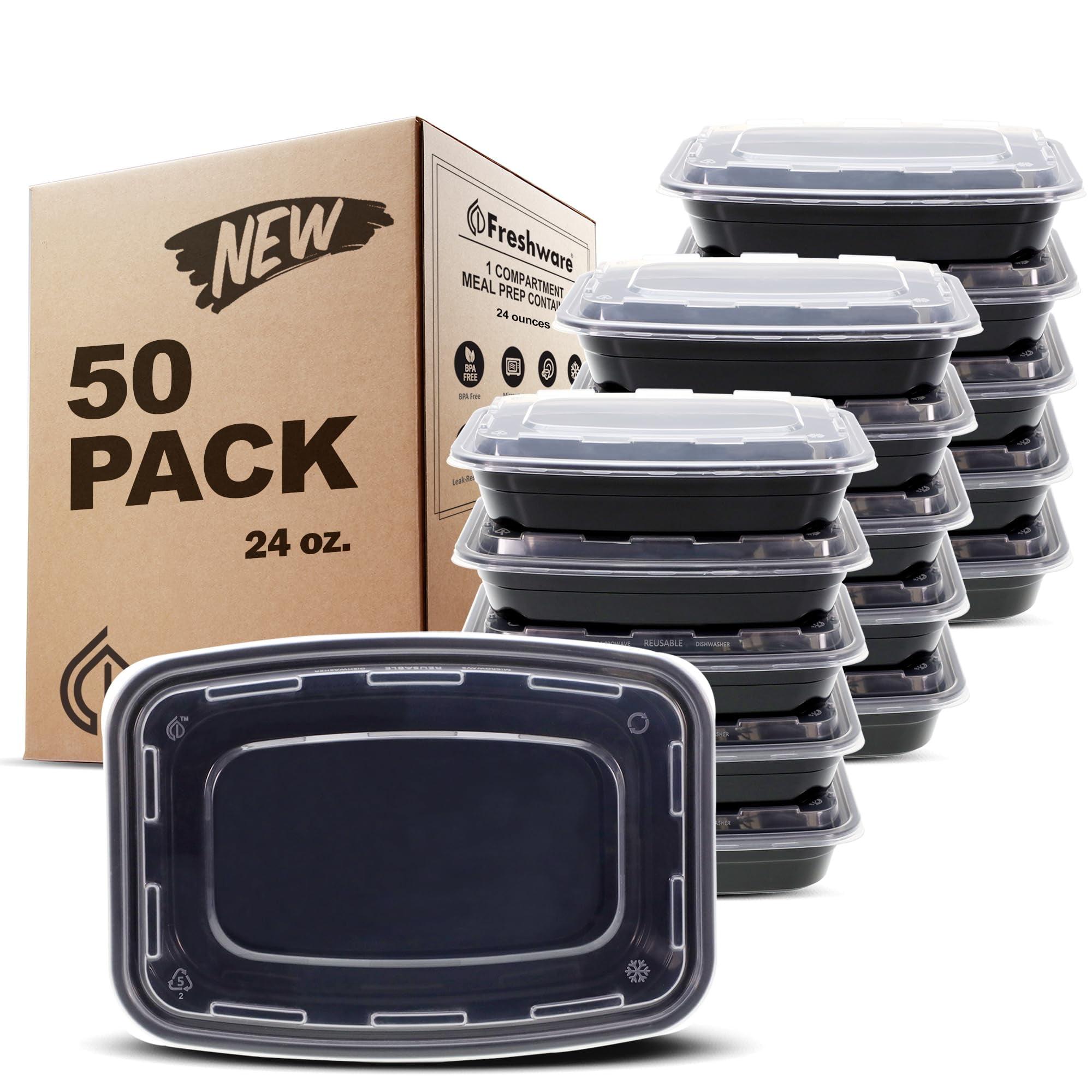 Freshware Meal Prep Containers [50 Pack] 1 Compartment with Lids, Food Storage Containers, Bento Box, BPA Free, Stackable, Microwave/Dishwasher/Freezer Safe (24 oz) C30