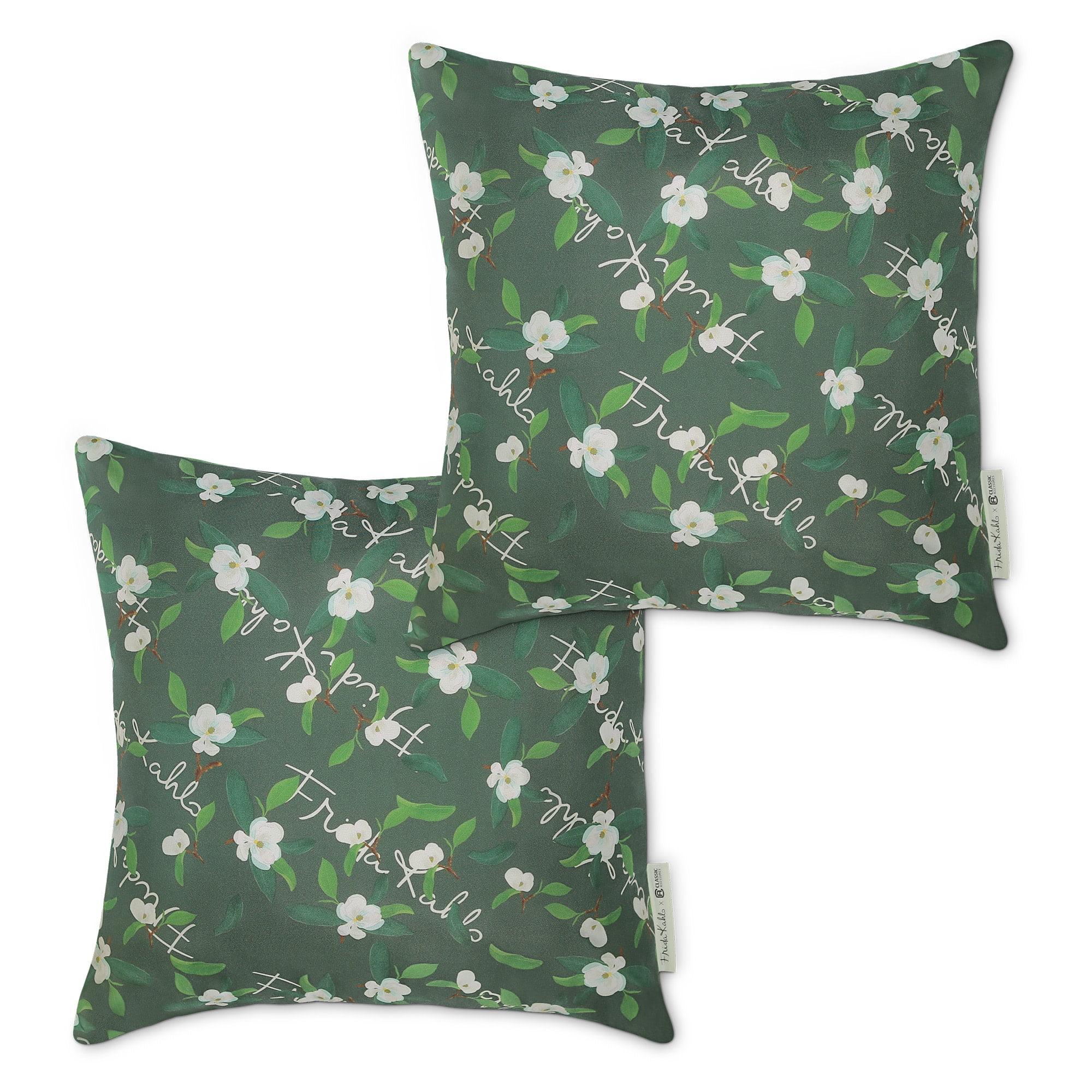 Frida Kahlo Inspired Green Floral Outdoor Throw Pillow Set