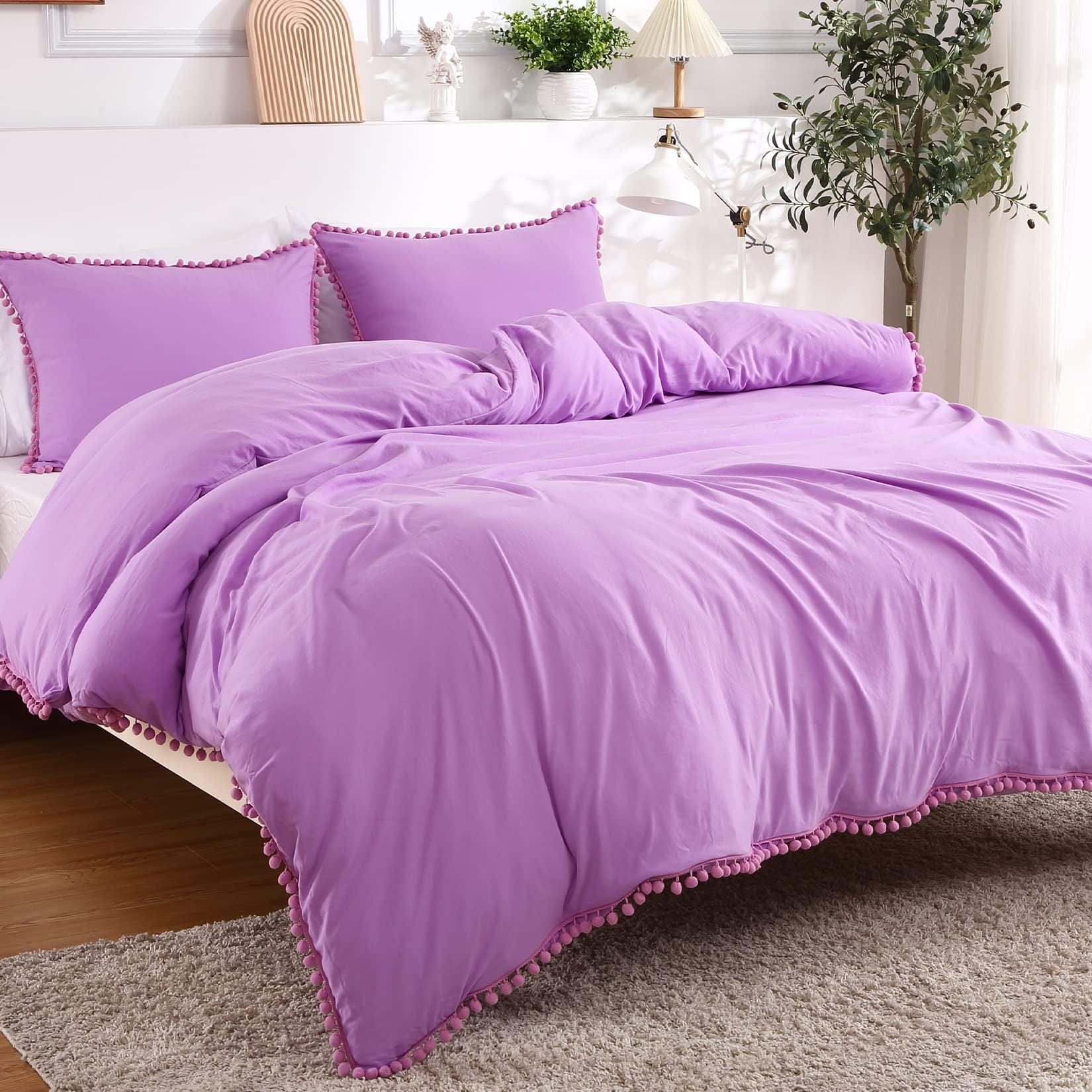 Fringe Duvet Cover King Size, Soft Washed Microfiber Duvet Cover Set for All Season, Girls Duvet Cover Set 3 Pieces with Zipper Closure, Lavender, 104x90 inches