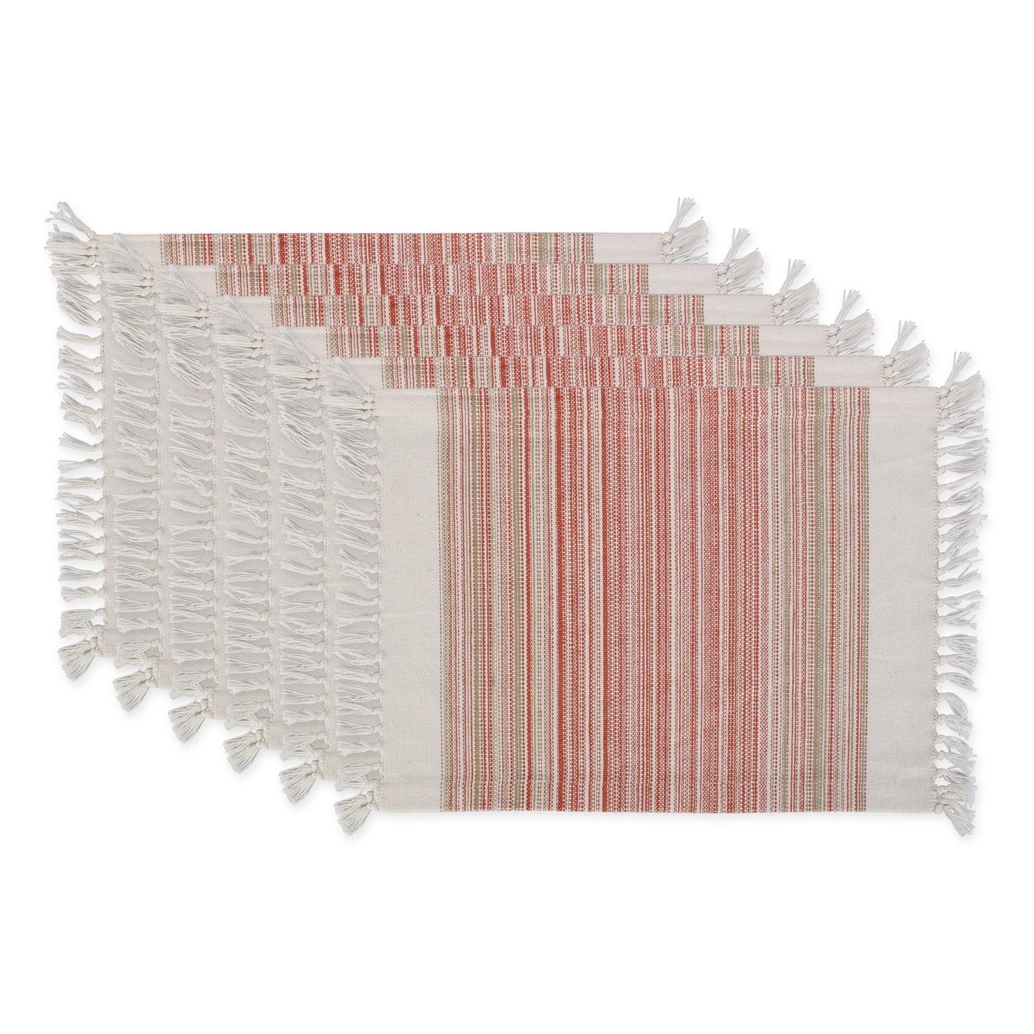 6pk Cotton Pimento Striped Placemats with Fringe - Design Imports: Washable Kitchen & Dining Table Decor, Rectangle, 13"x11"