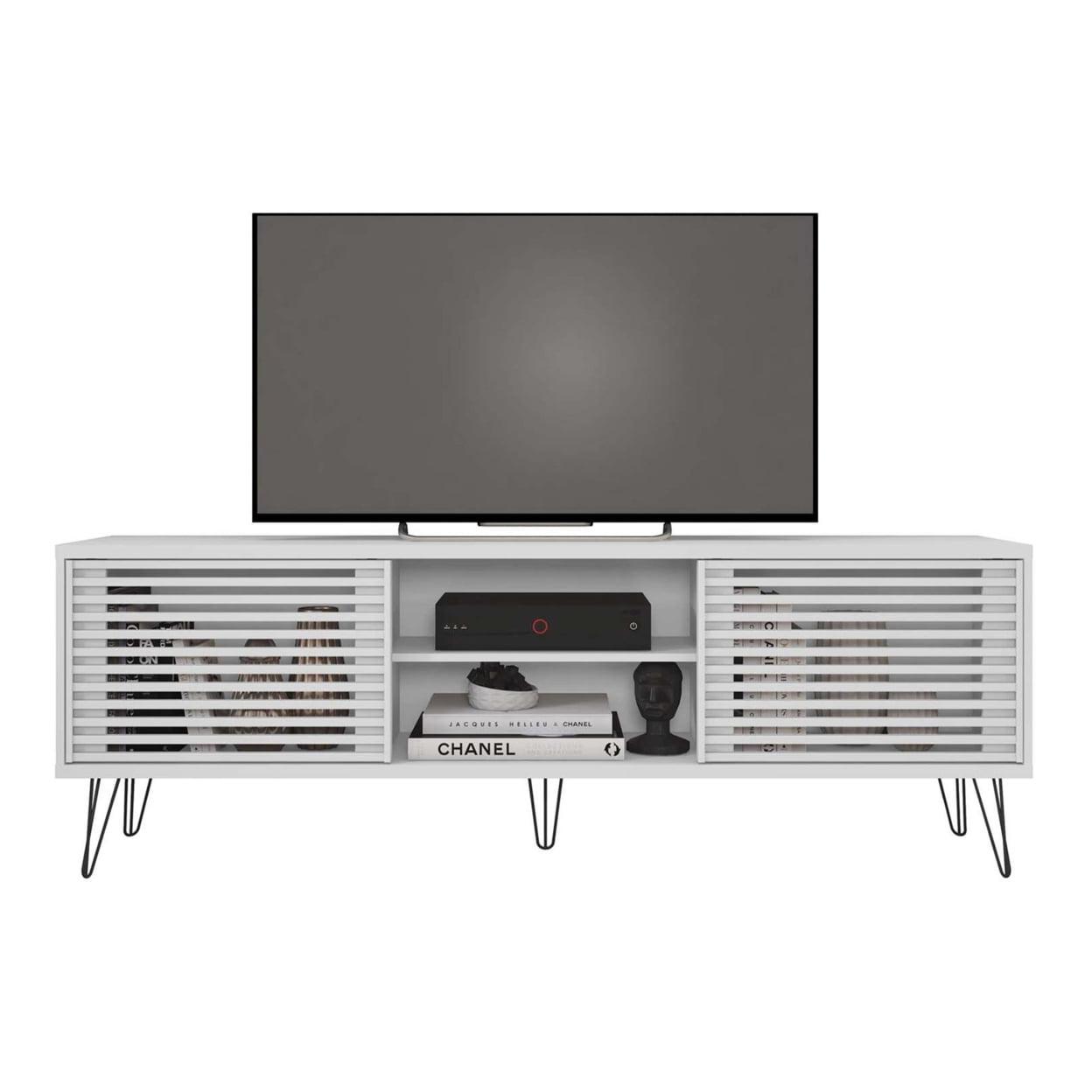 Sleek White Laminated MDF Mid-Century TV Stand with Hairpin Legs