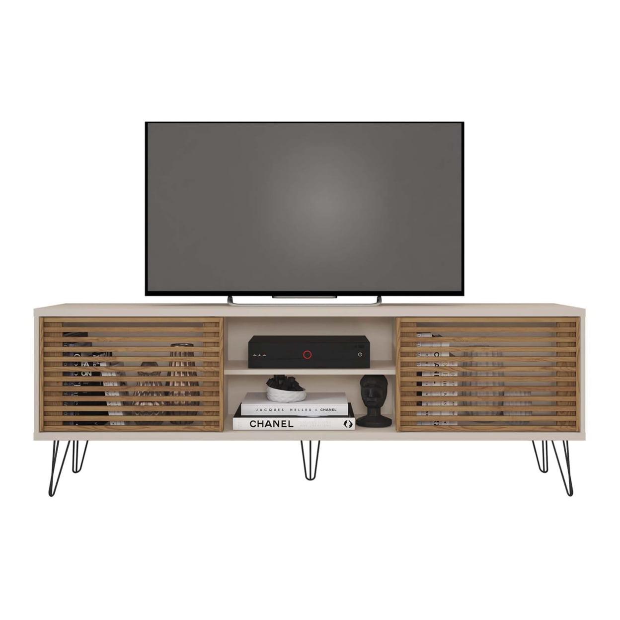 Off White and Natural Oak Mid-Century Modern TV Stand with Cabinet