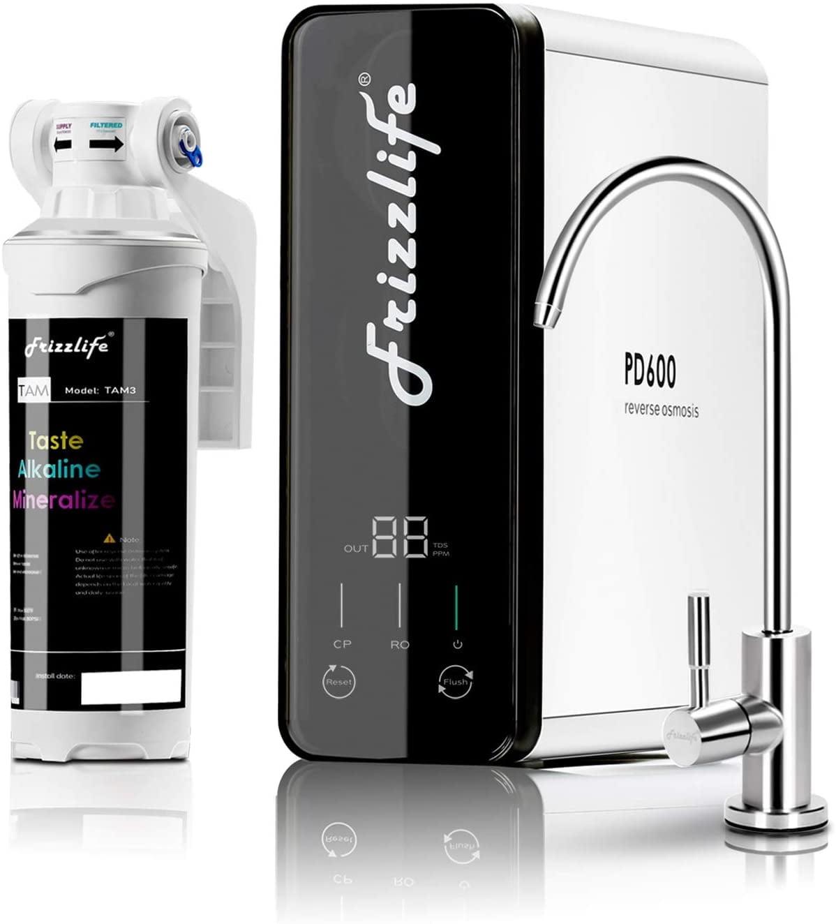 Frizzlife RO Reverse Osmosis Water Filtration System With Alkaline Under Sink - 600 GPD Fast Flow, 1.5:1 Drain Ratio, Tankless -  Compact With Alkaline Remineralization,  PD600-TAM3