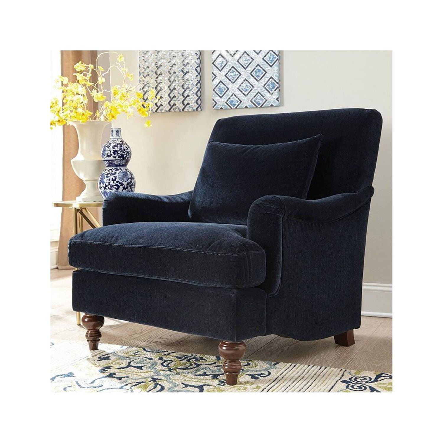 Midnight Blue Velvet Transitional Accent Chair with Wooden Legs