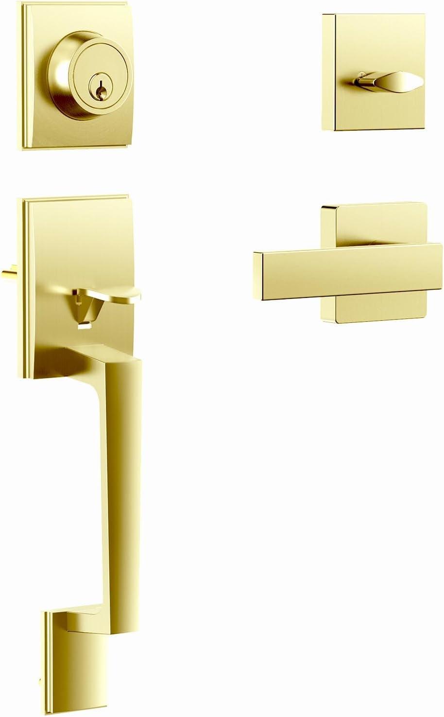 Front Door Lock Set - Exterior Door Handle Set with Deadbolt Door Lock Single Cylinder Interior Entry Handle with Lever Reversible Left & Right Gold