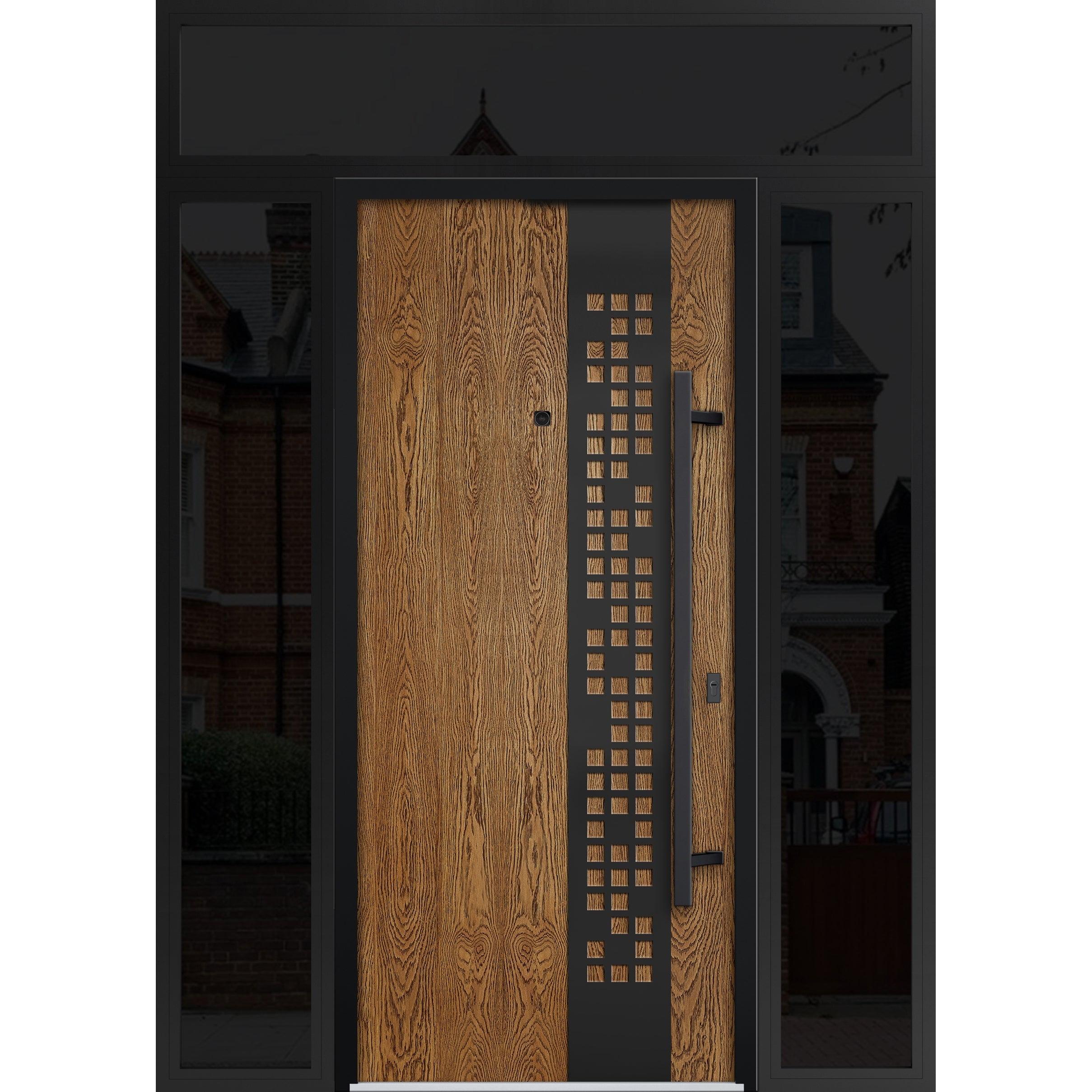 Modern Teak Wood and Black Steel Front Door with Sidelites