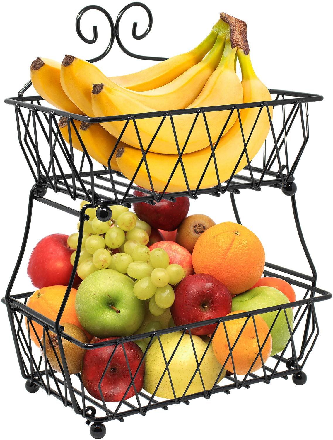 2-Tier Fruit Bread Basket Display Stand, Counter Storage for Kitchen, Bathroom, Rectangular Antique Metal