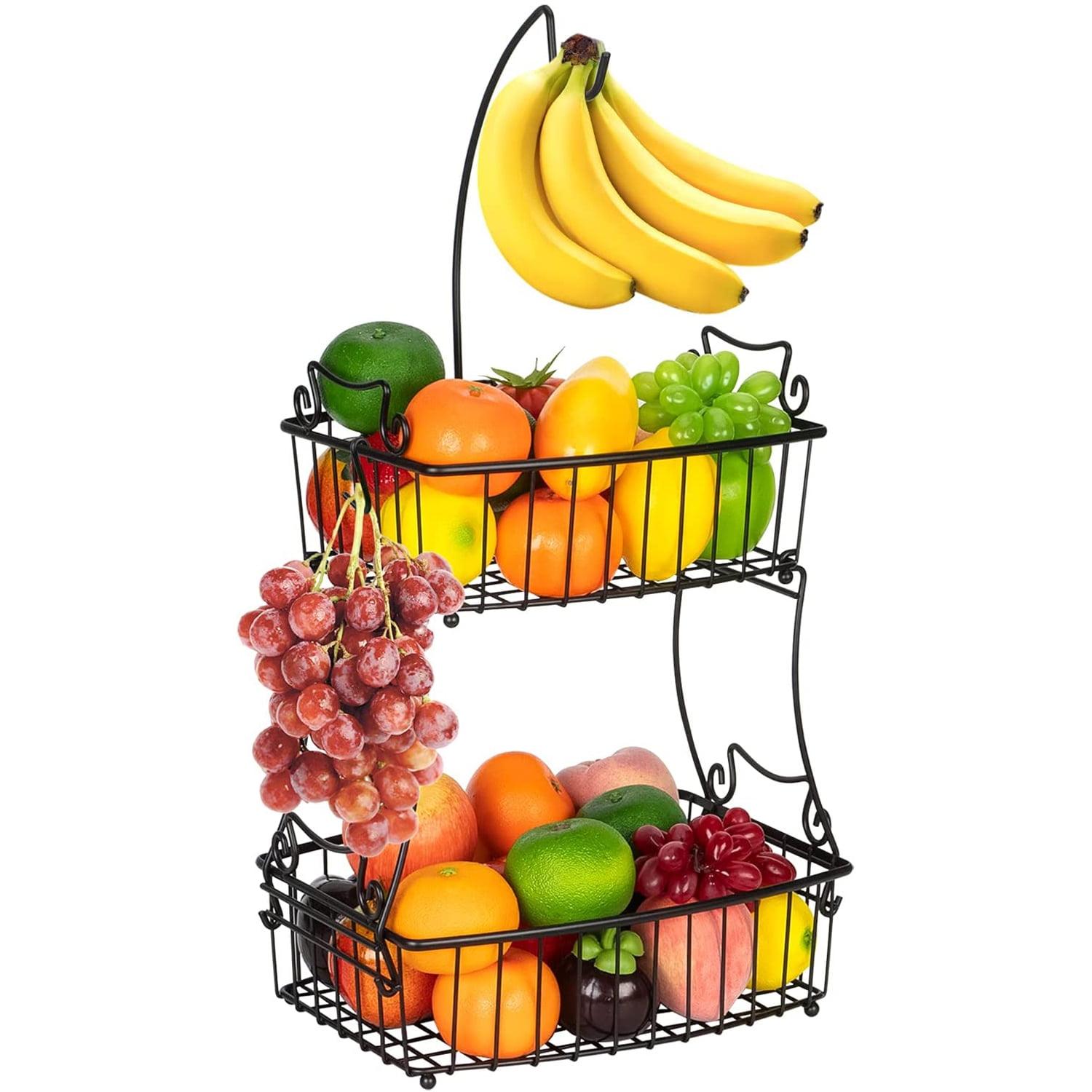 Bextsrack Fruit Basket for Kitchen Countertop, 2-Tier Vegetable Fruit Bowl with Banana Hanger, Black