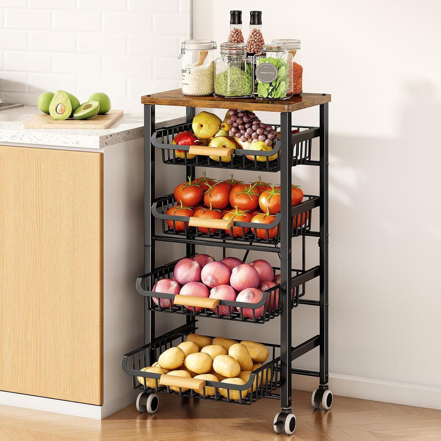 Black 5-Tier Metal Wire Kitchen Storage Cart with Wood Top and Wheels