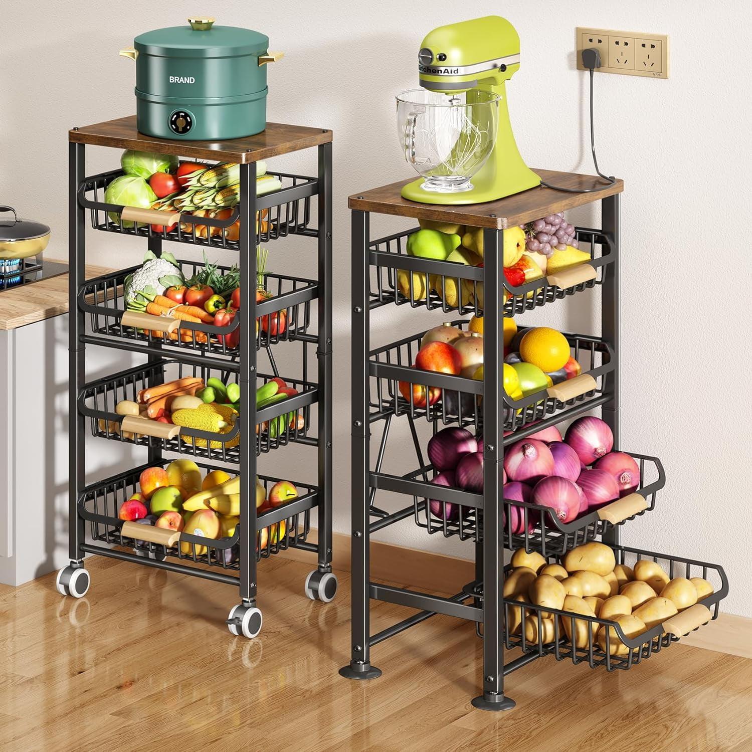 Black 5-Tier Metal Wire Kitchen Storage Cart with Wood Top and Wheels