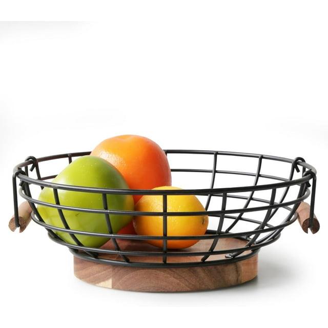 Fruit Basket,black Wire Basket with Acacia Wood Base,large Fruit Bowl for Countertop,black Baskets for Fruits, Breads, Vegetables Storage. (10-inch)