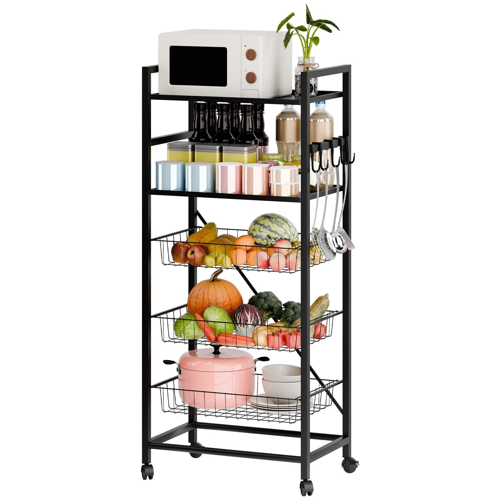 Black 5-Tier Wood and Metal Kitchen Storage Cart with Pull-Out Baskets