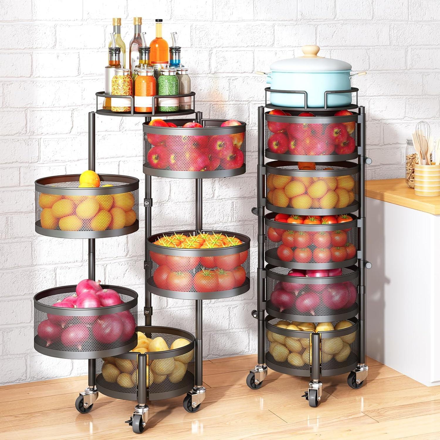 Fruit and Vegetable Basket Bowls for Kitchen with Metal Top Lid,  5 Tier Rotating Storage Rack Cart for Potato Onion Bread Banana, Wire Basket Organizer on Wheels, Large, Black