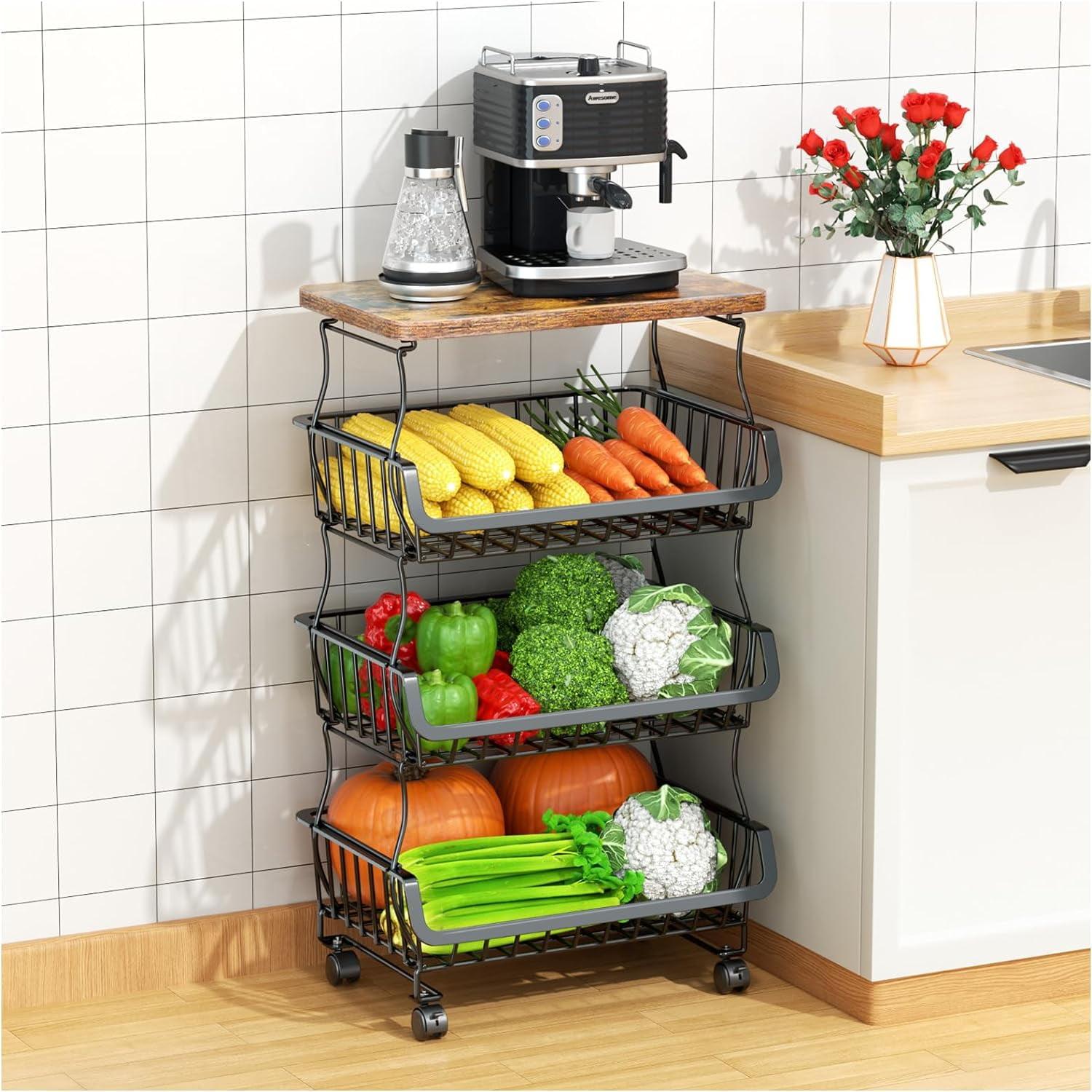 Black 4-Tier Metal Wire Basket Cart with Wooden Top