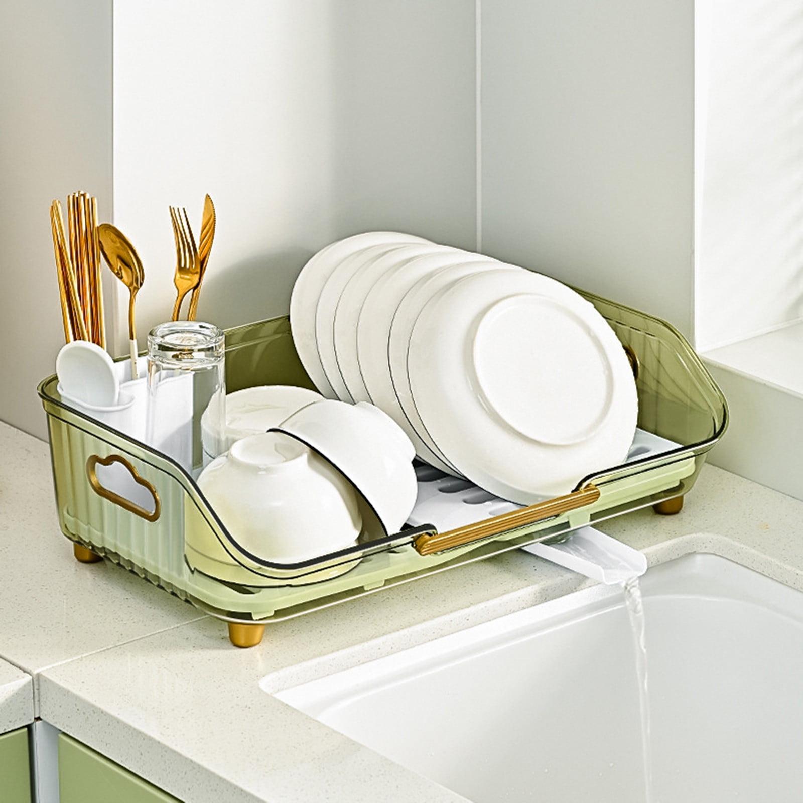 Green Plastic Dish Drying Rack with Utensil Holder and Drainboard