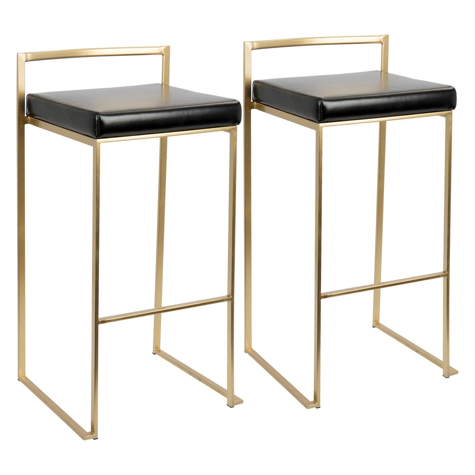 Fuji Contemporary-Glam Barstool In Gold With Black Faux Leather - Set Of 2