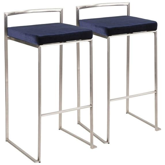Set of 2 30" Fuji Contemporary Stackable Barstools Stainless Steel Blue Velvet - LumiSource: Kitchen, Low Back