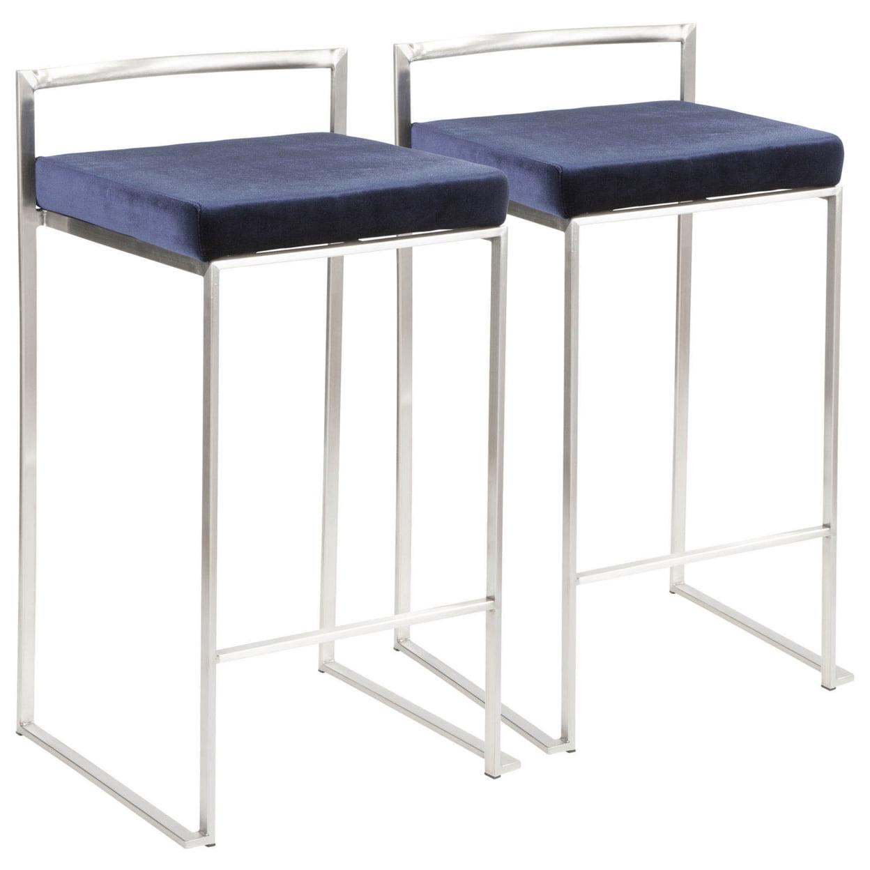 Fuji Contemporary Stackable Counter Stool In Stainless Steel With Blue Velvet Cushion - Set Of 2