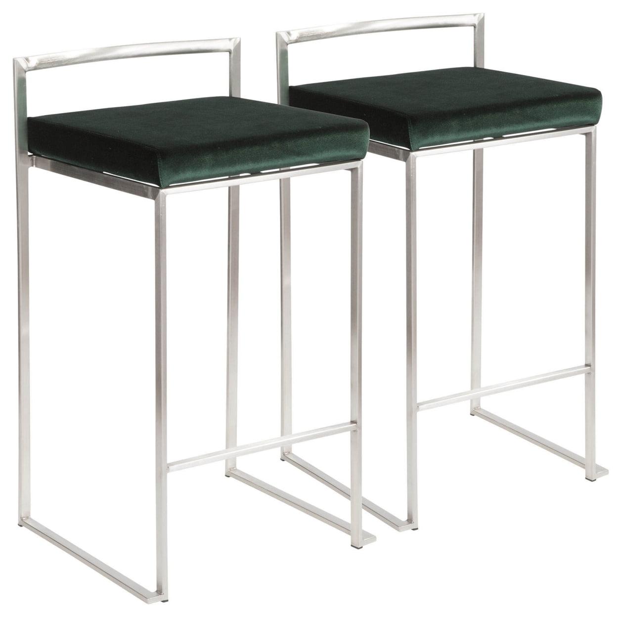 Fuji Contemporary Stackable Counter Stool In Stainless Steel With Green Velvet Cushion - Set Of 2