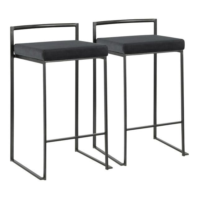 Set of 2 26" Fuji Contemporary Counter Height Barstools Velvet Black - LumiSource: Metal Frame, Stackable, Padded