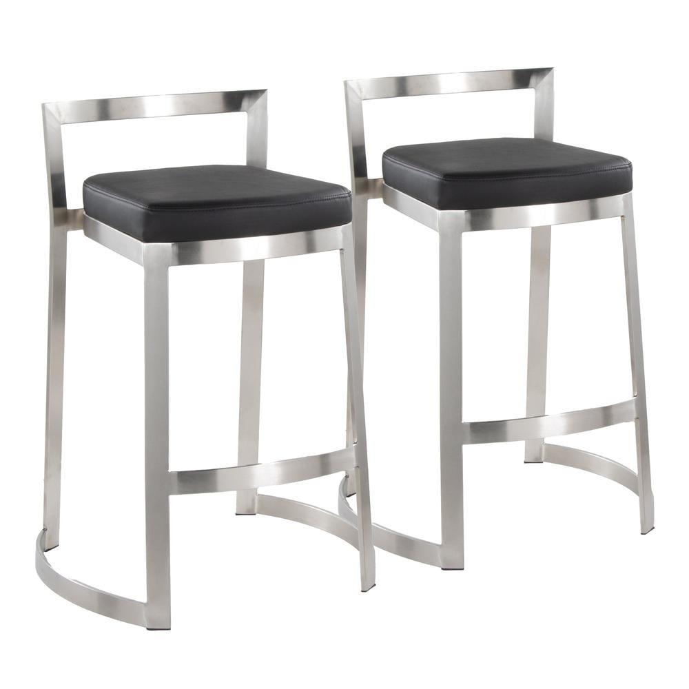 Black Faux Leather Stainless Steel Counter Stools, Set of 2