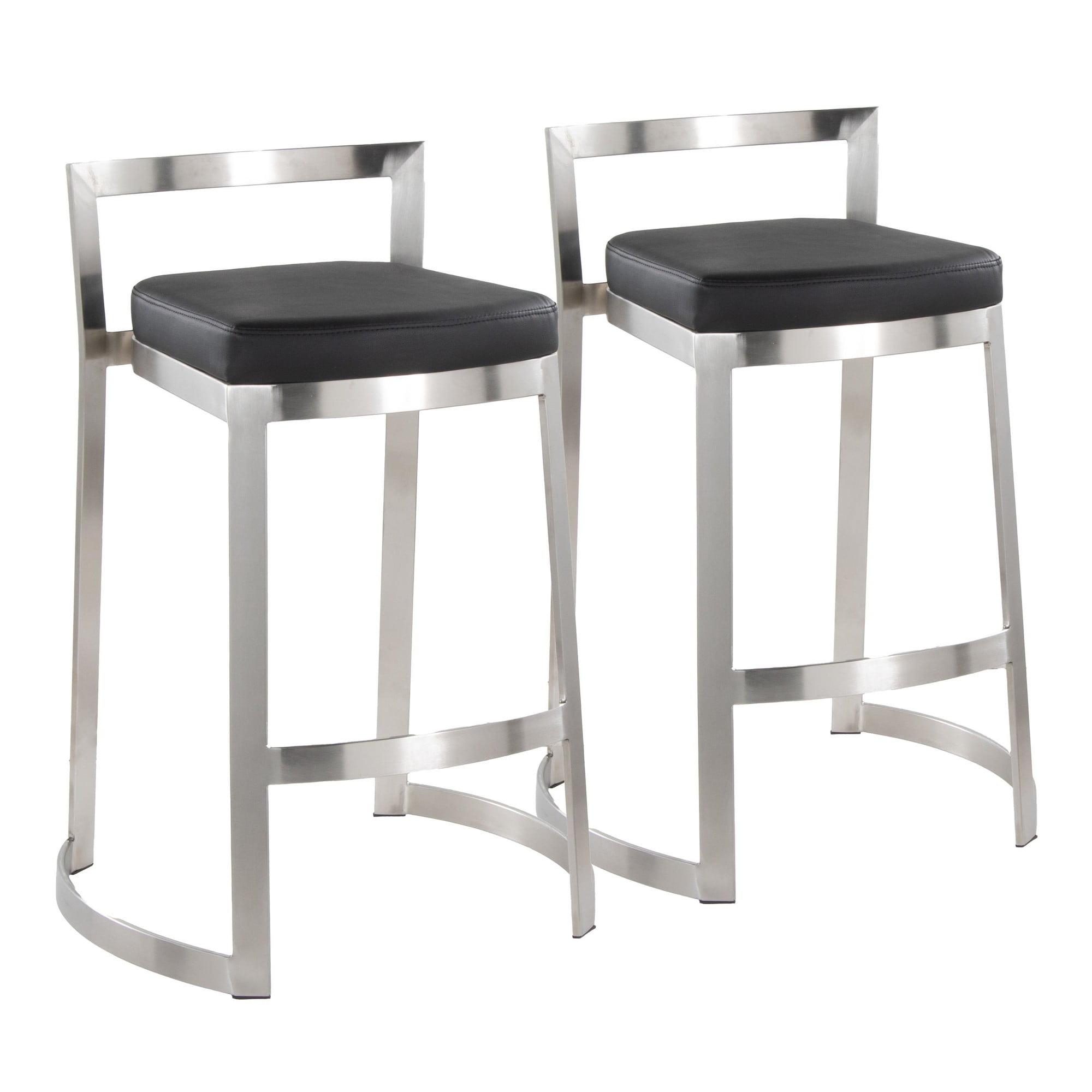 Black Faux Leather Stainless Steel Counter Stools, Set of 2