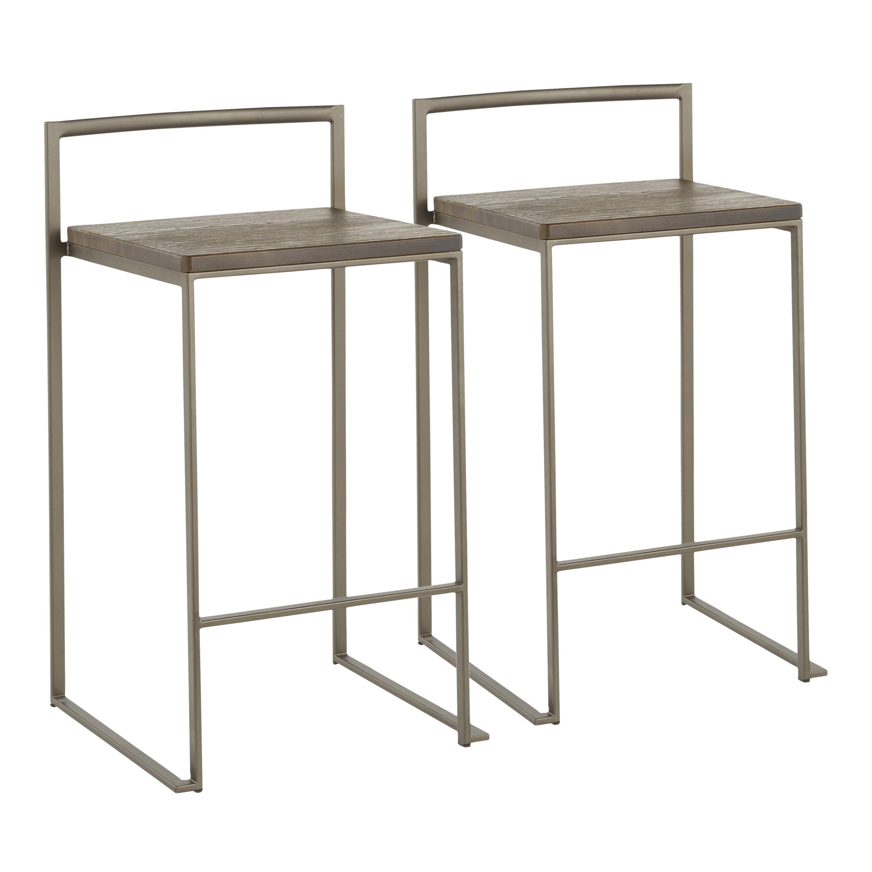 Fuji Industrial Gray Metal Bar Stools with Brown Wood Seat, Set of 2