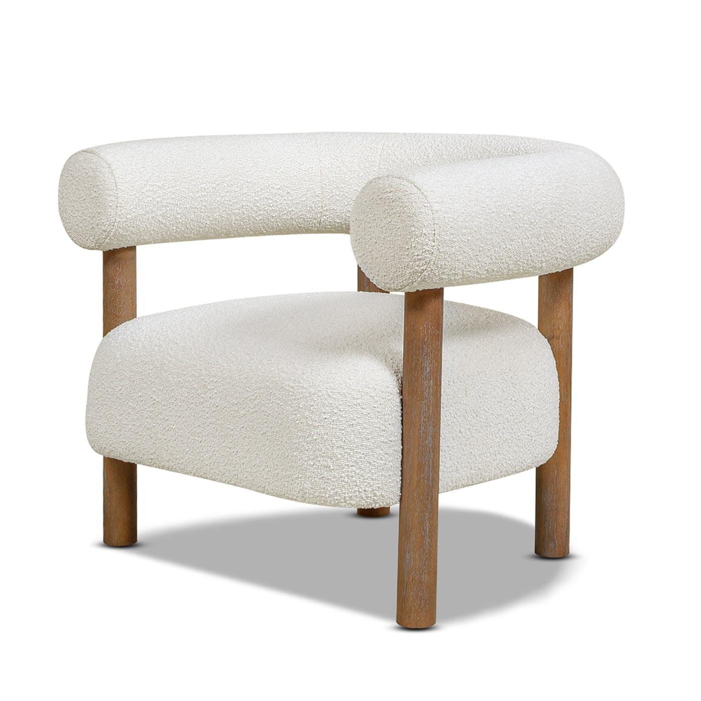 Ivory White Boucle Wood Barrel Accent Chair