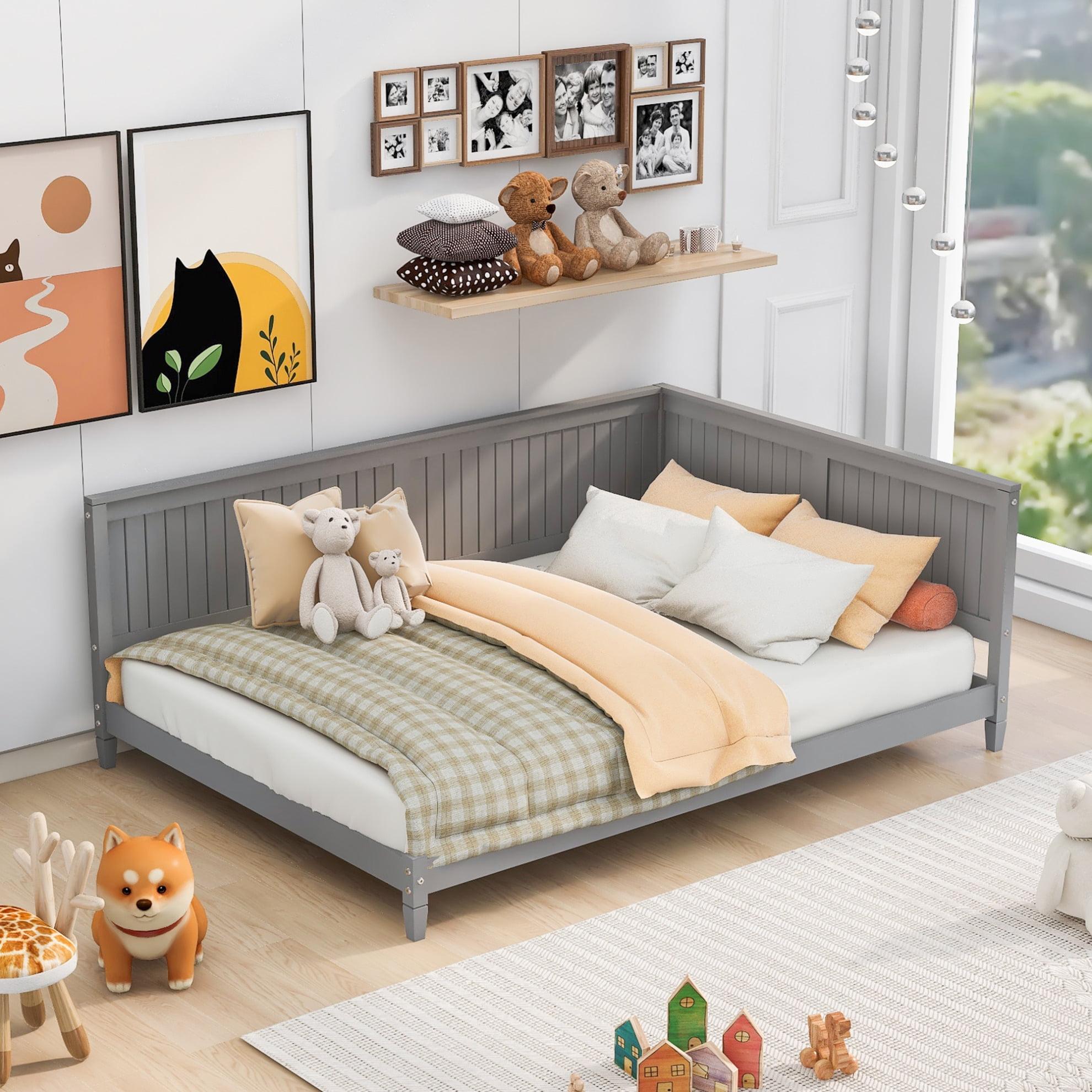 Full Bed Frame, Wooden Daybed Sofa Bed Frame with Sturdy Slats Support, Full Size Platform Bed for Bedroom, Living Room, Gray