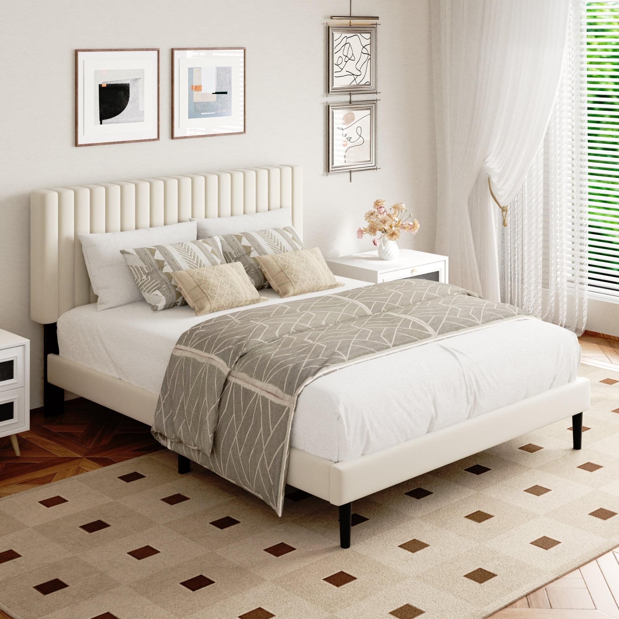 Full Bed Frame with Velvet Upholstered Headboard and Solid Wood Slats, Box Spring Optional, Mattress Base, Easy to Assemble, Beige