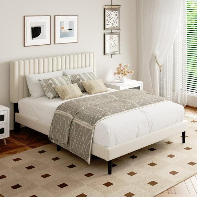 Full Bed Frame with Velvet Upholstered Headboard and Solid Wood Slats, Box Spring Optional, Mattress Base, Easy to Assemble, Beige