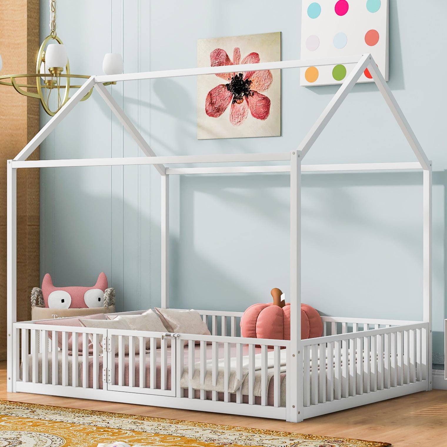 Full Floor Bed with Door and Fence, Metal Montessori Bed Full Size, Kids Montessori Floor Bed with Roof/House for Kids, Girls, Boys, White