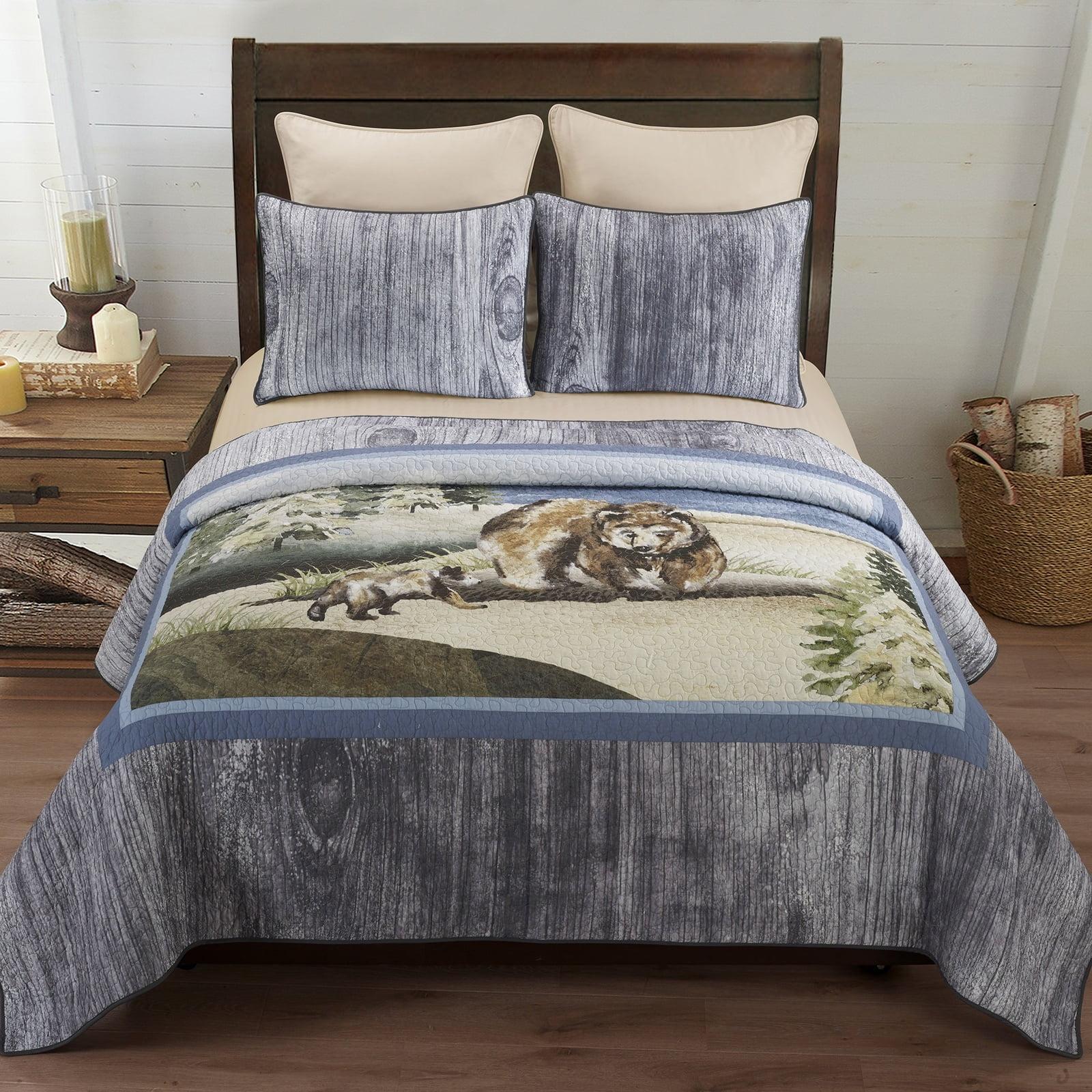 Gray Cotton Full Quilt Set with Bear Design